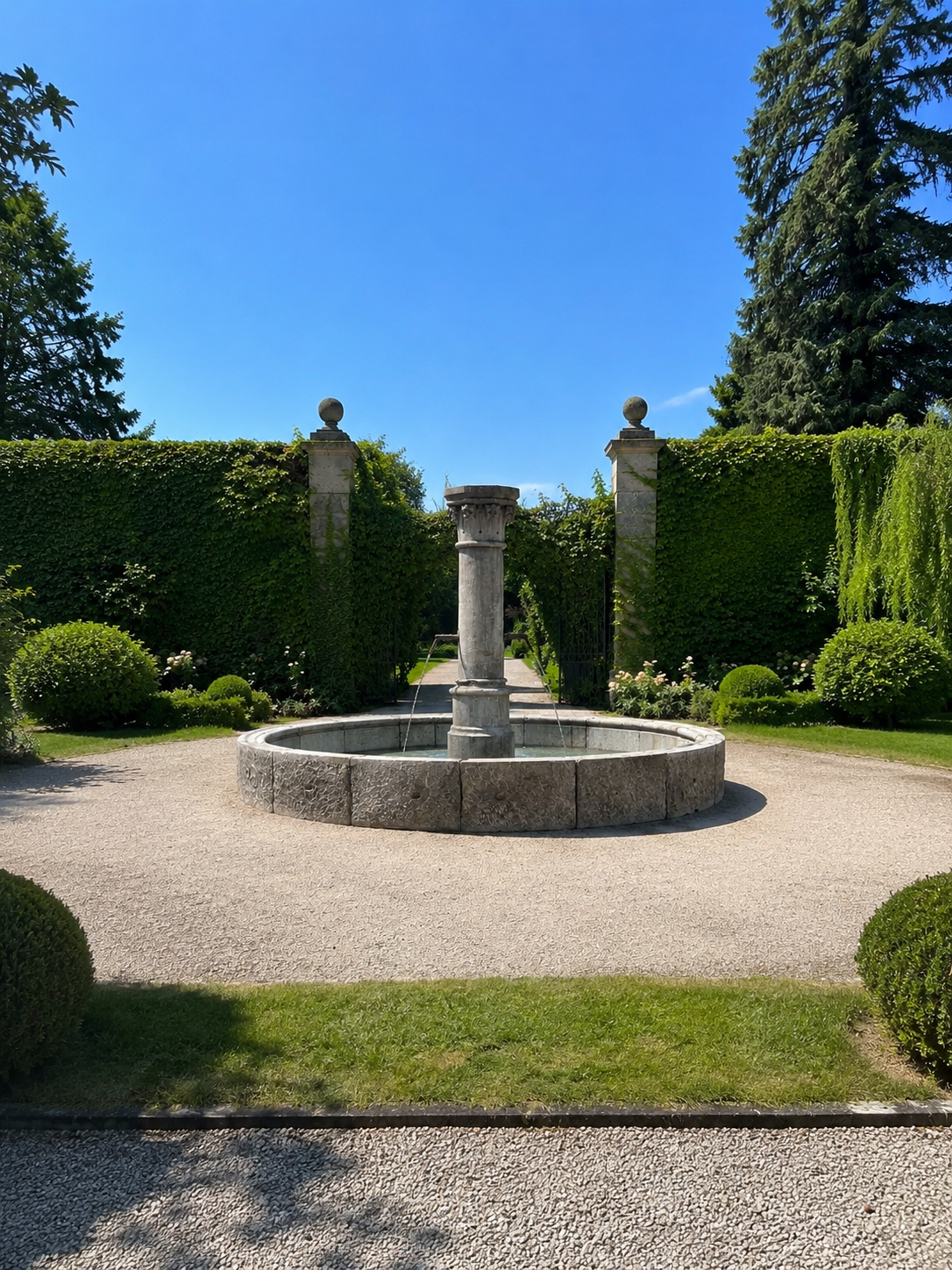 Stone fountain in a garden with manicured hedges and clear blue sky