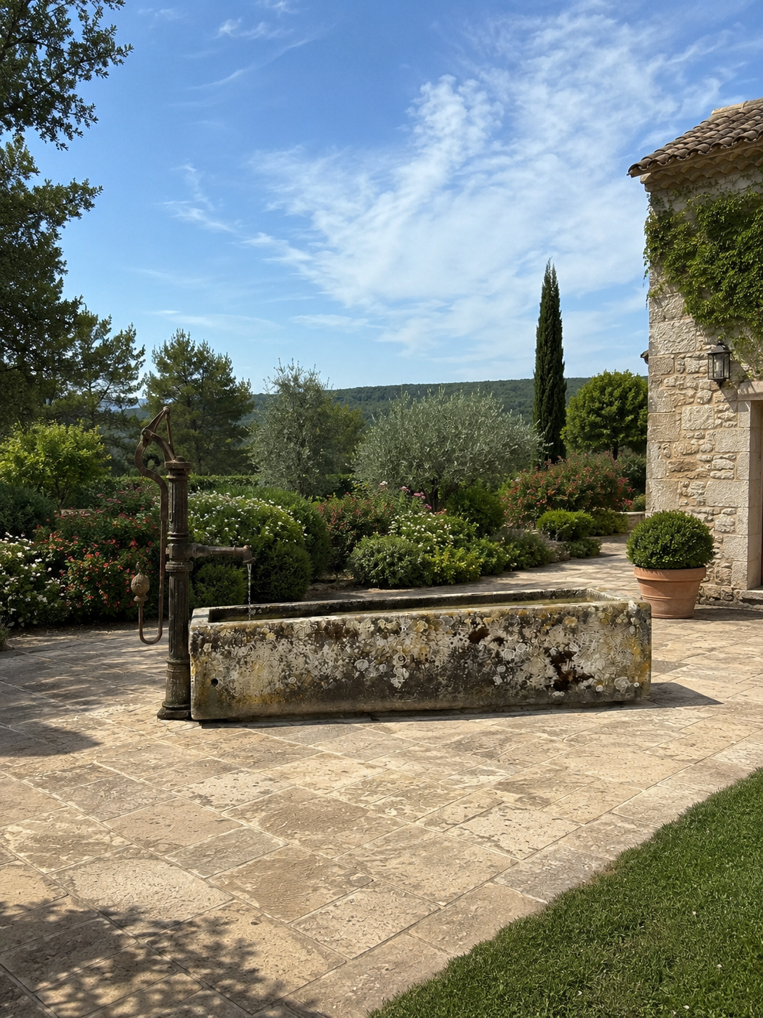 Antique French Stone Trough with Original Hand Pump Circa 1944 | Garden Fountain