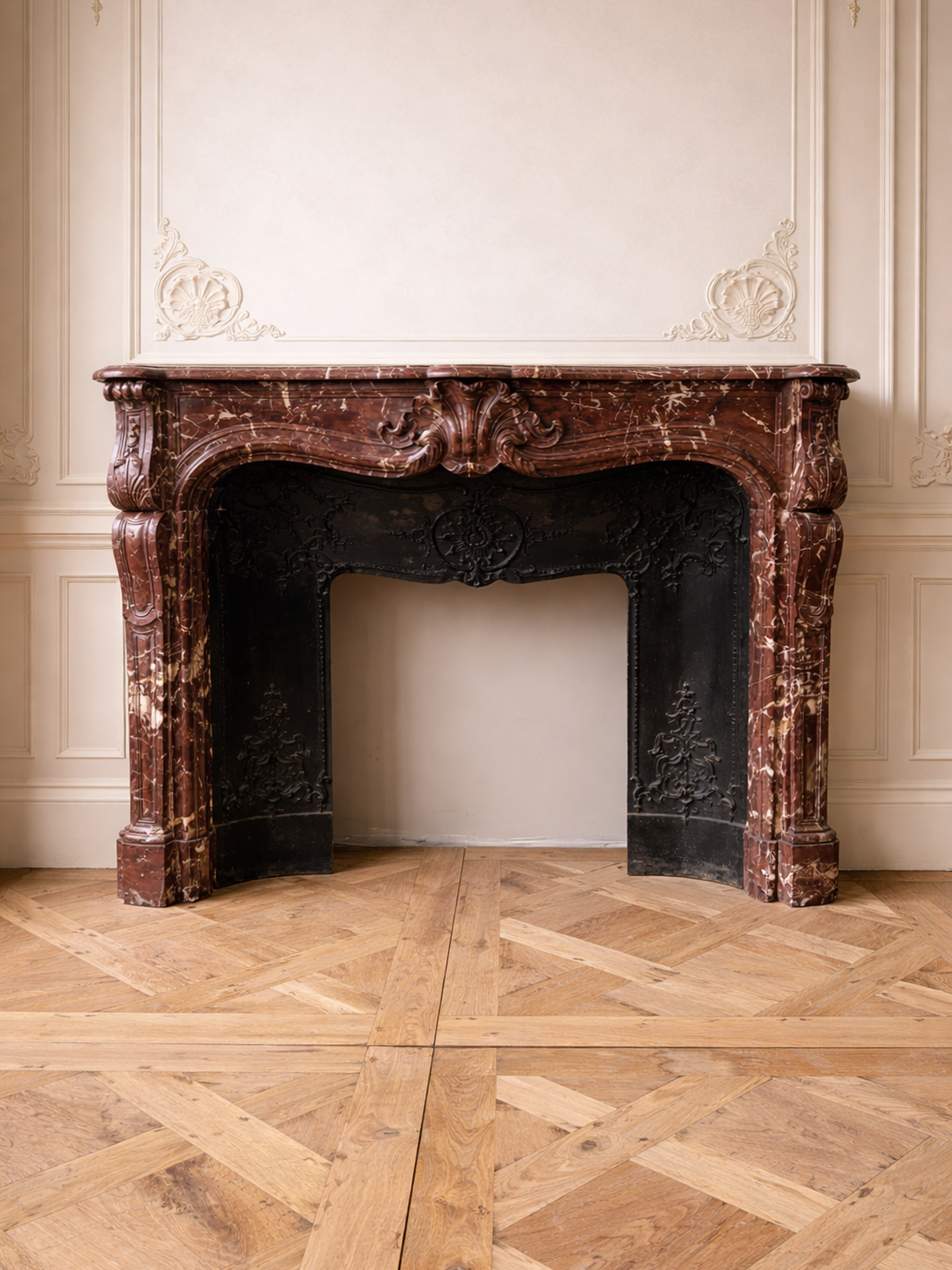 Fireplace In Red Marble Veined With White, With Wrought Iron Plate