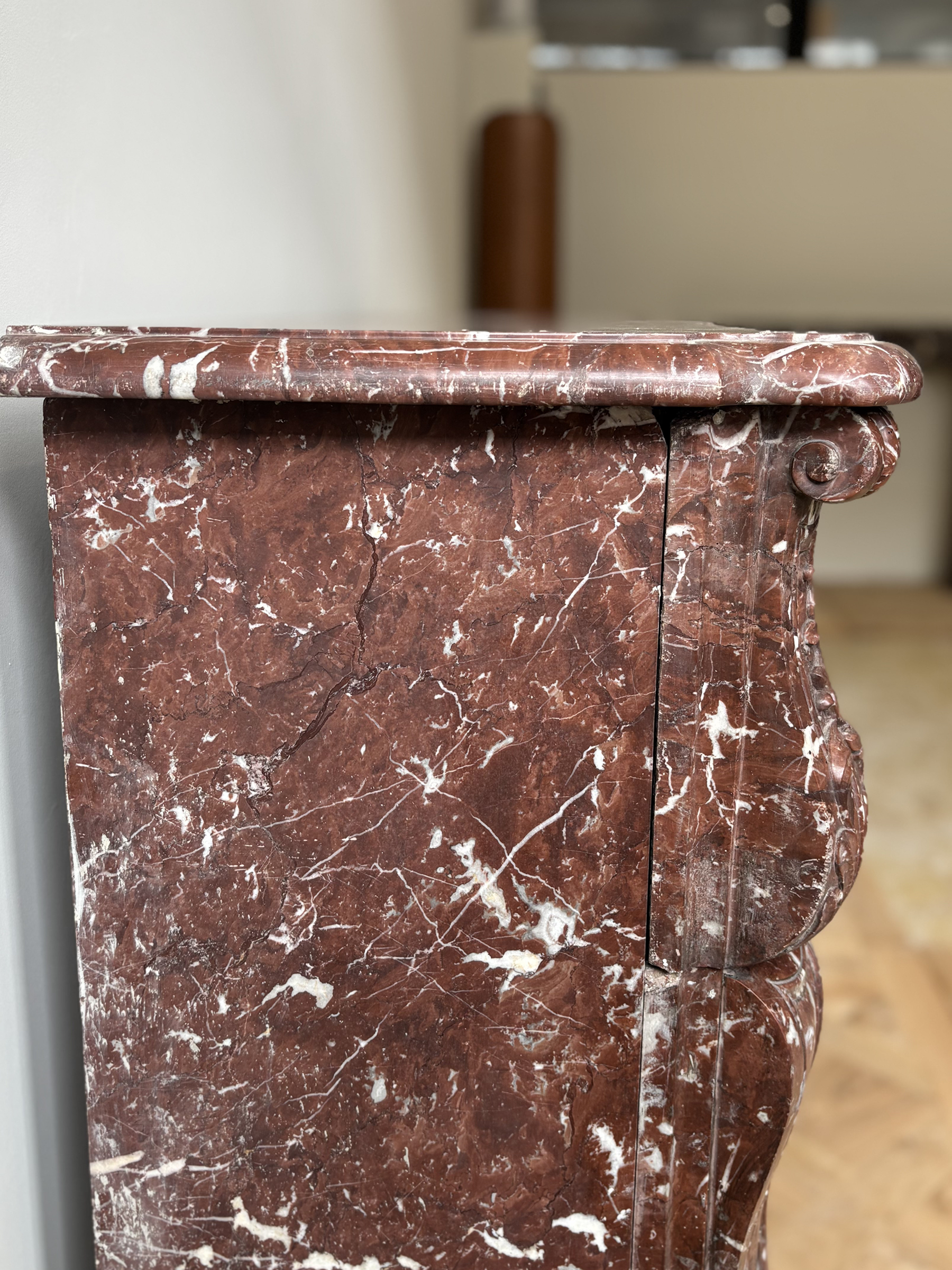 Fireplace In Red Marble Veined With White, With Wrought Iron Plate