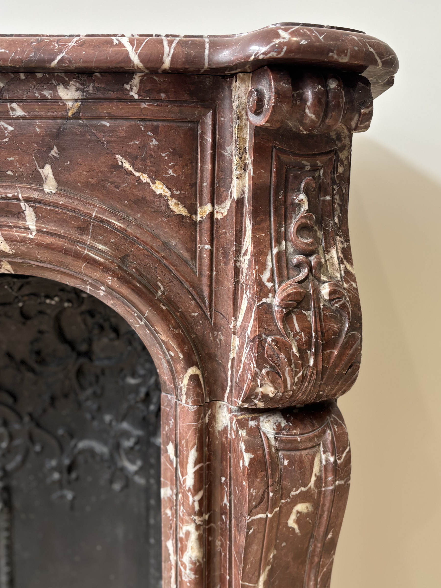 Fireplace In Red Marble Veined With White, With Wrought Iron Plate