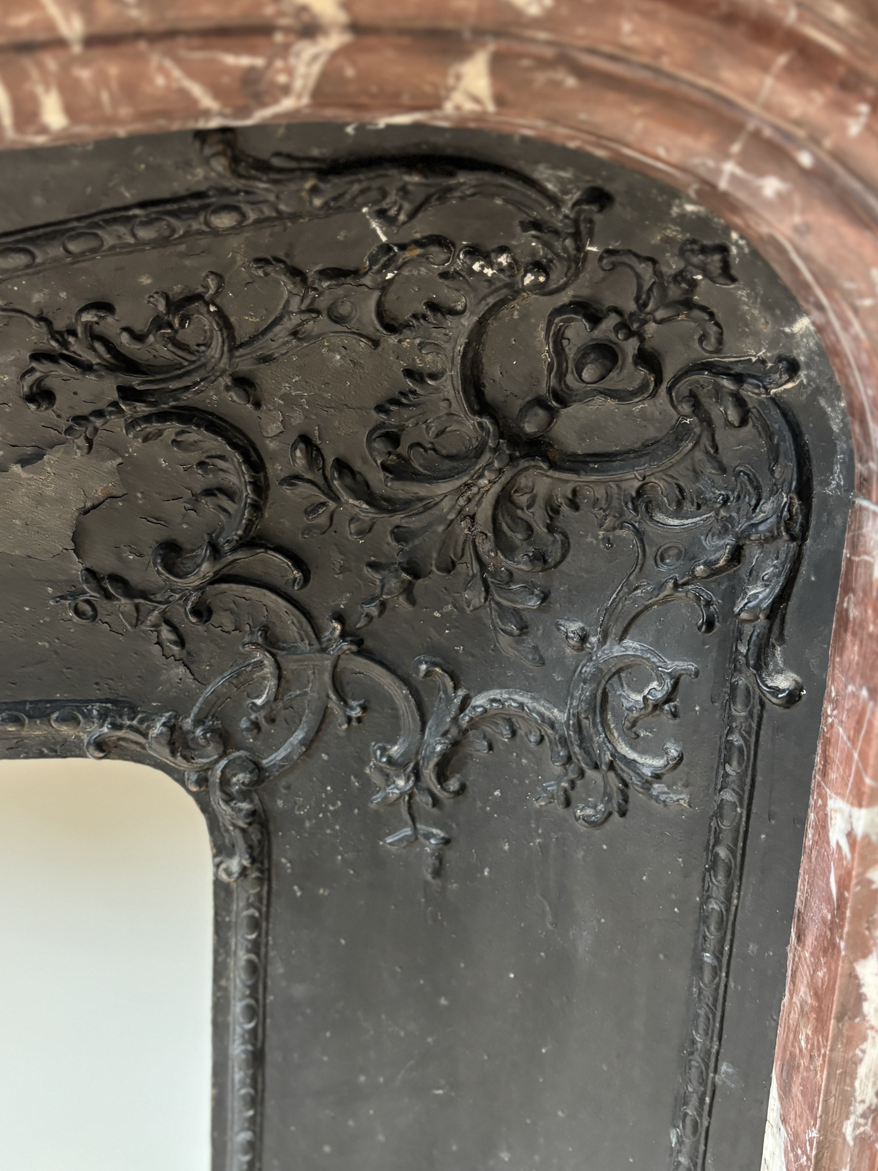 Fireplace In Red Marble Veined With White, With Wrought Iron Plate
