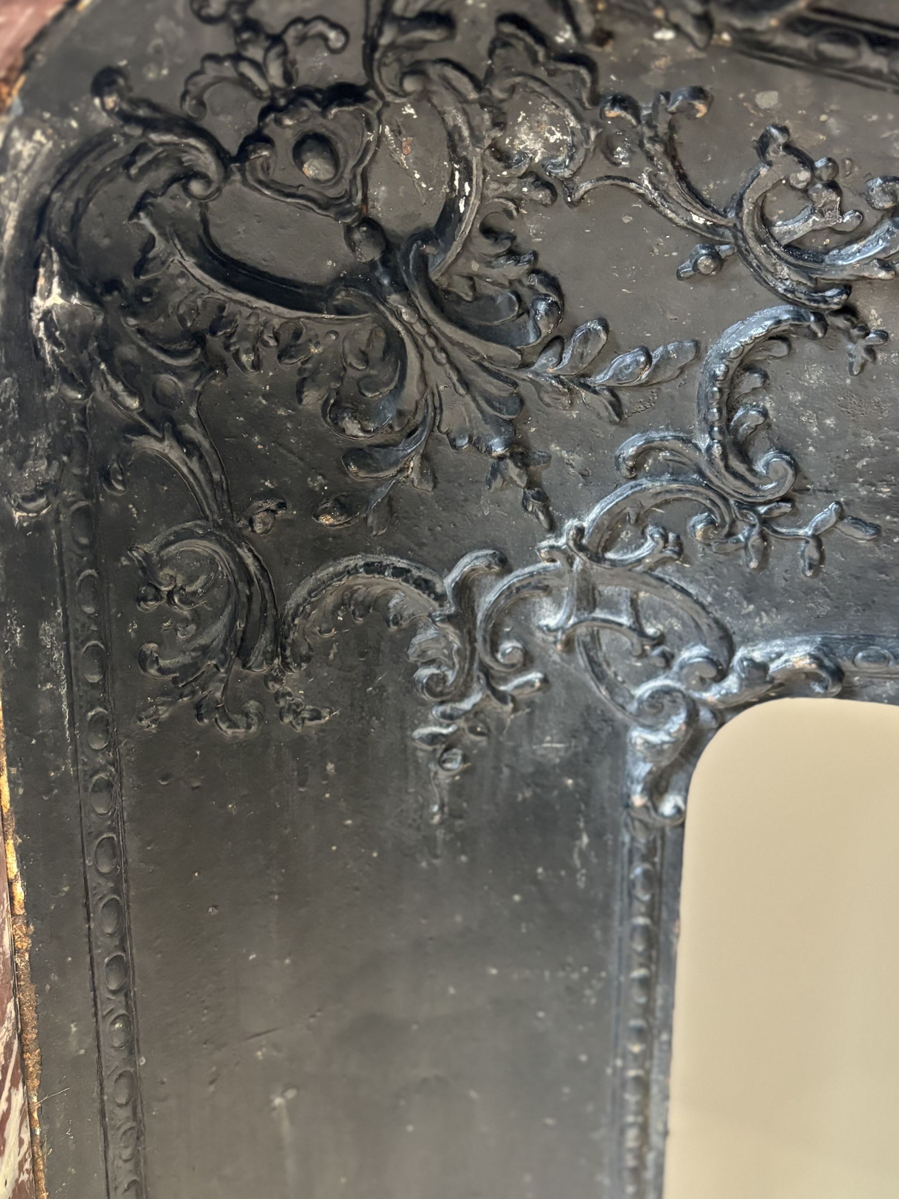 Fireplace In Red Marble Veined With White, With Wrought Iron Plate