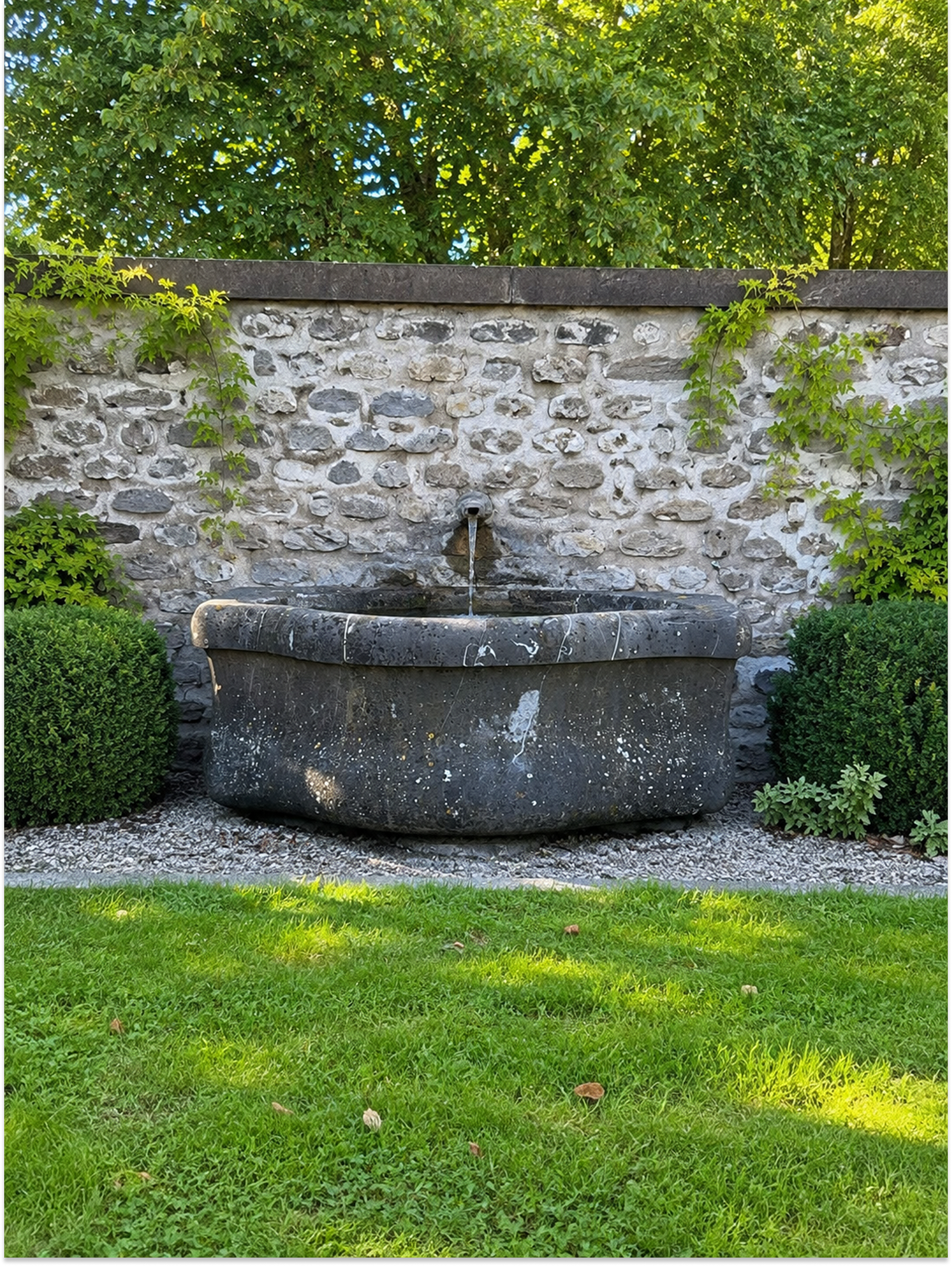 Antique Fountain Basin in Grey-Black Veined Marble | Monumental Hand-Carved Stone Piece