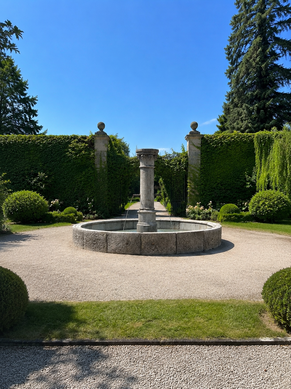 Stone fountain in a garden with manicured hedges and clear blue sky