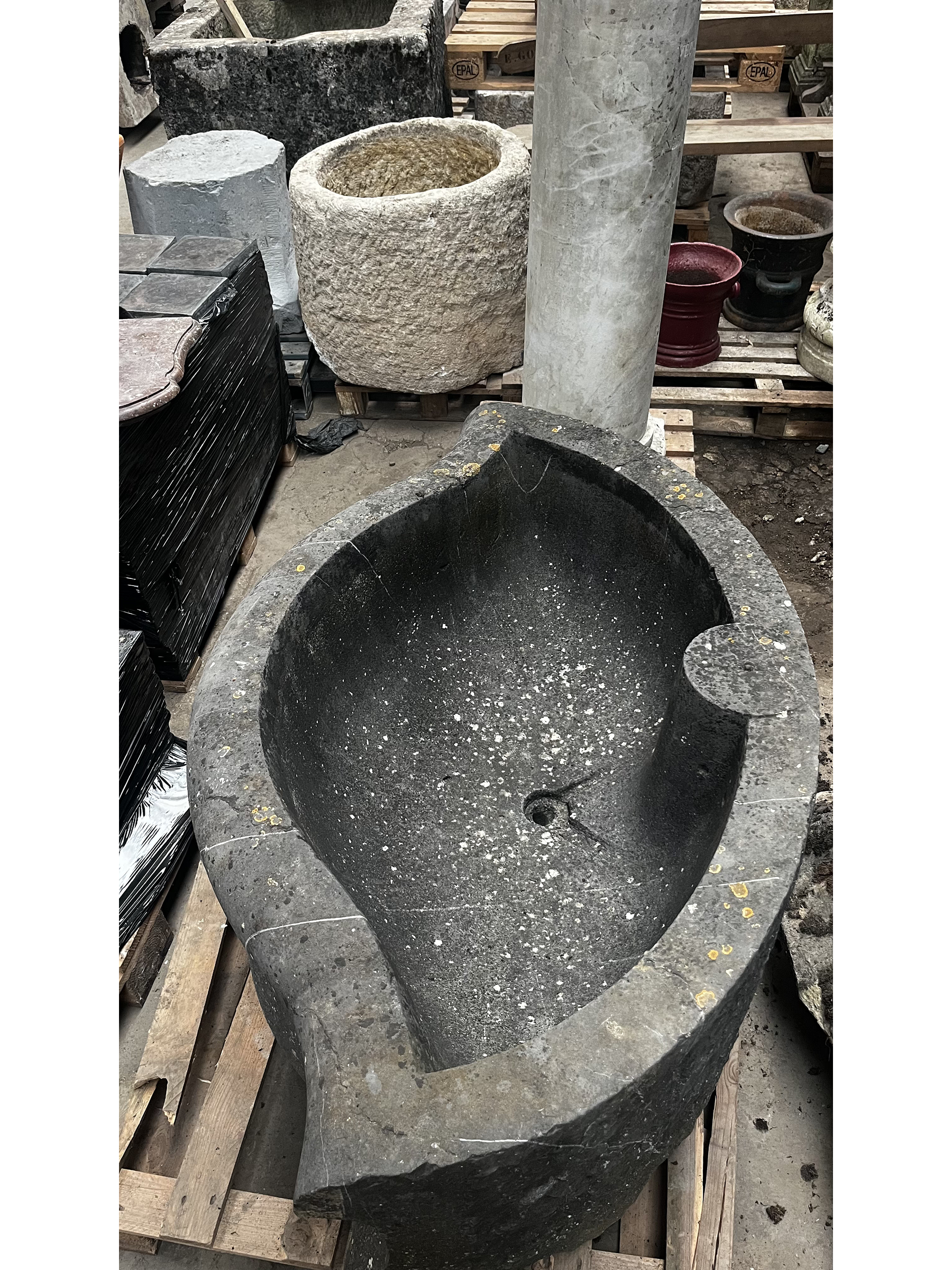 Antique Fountain Basin in Grey-Black Veined Marble | Monumental Hand-Carved Stone Piece