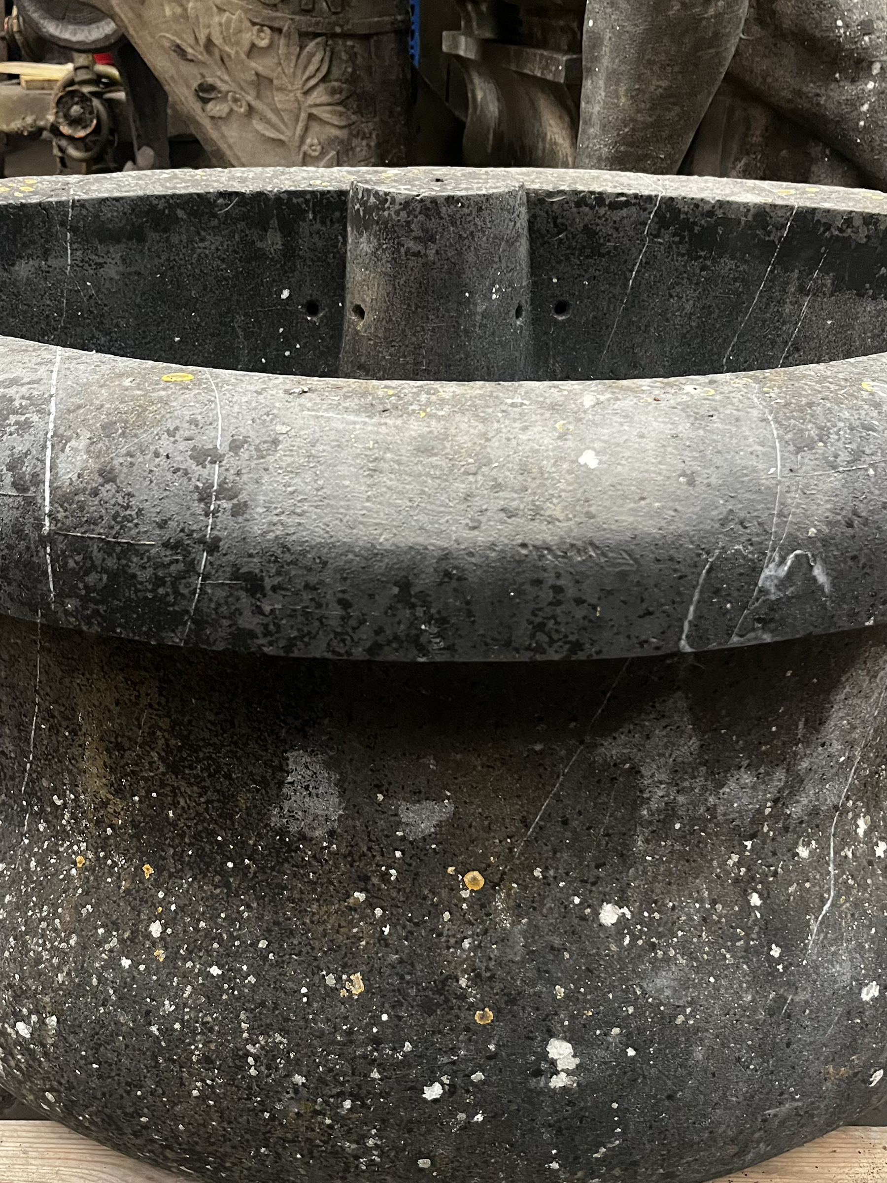 Antique Fountain Basin in Grey-Black Veined Marble | Monumental Hand-Carved Stone Piece