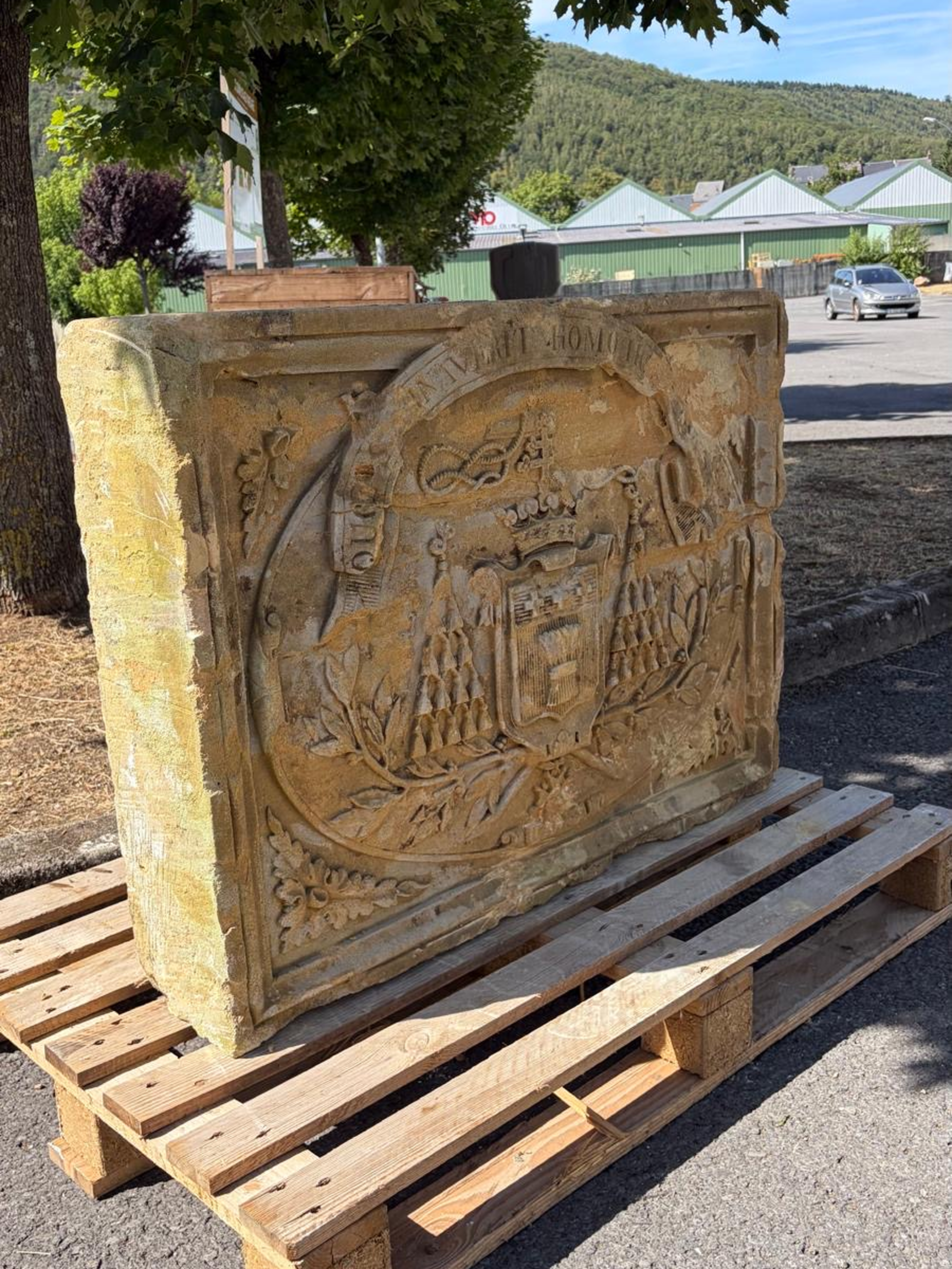 Carved limestone heraldic bas relief from France
