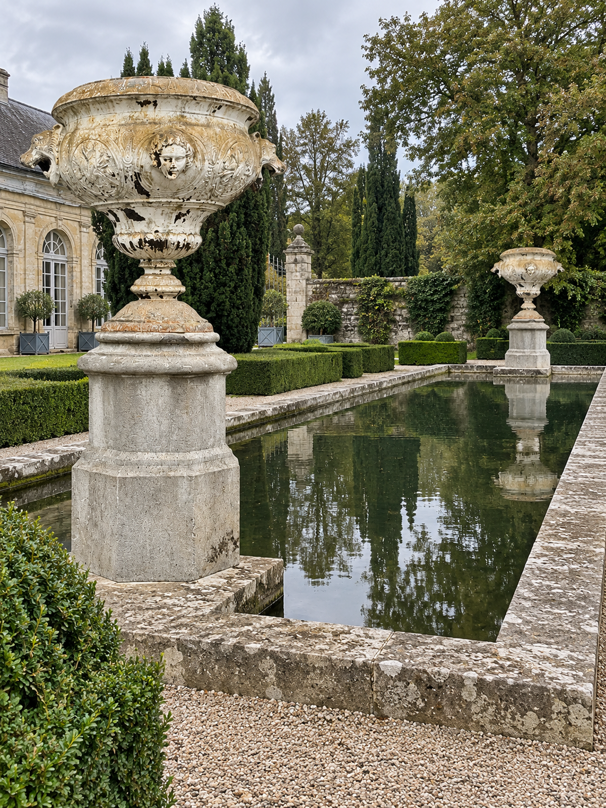 Antique Cast Iron Urns on Belgian Bluestone Bases | Pair