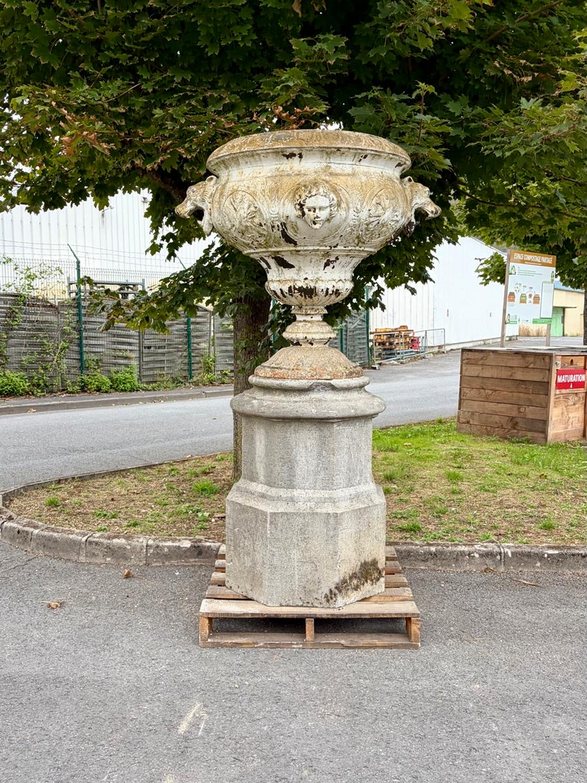 Antique Cast Iron Urns on Belgian Bluestone Bases | Pair