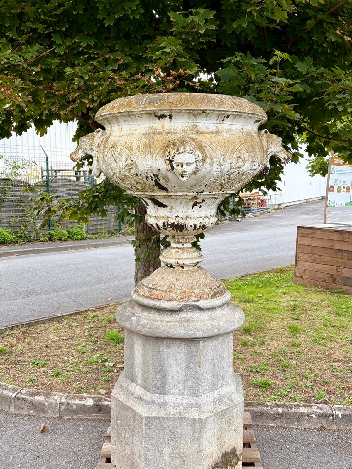 Antique Cast Iron Urns on Belgian Bluestone Bases | Pair
