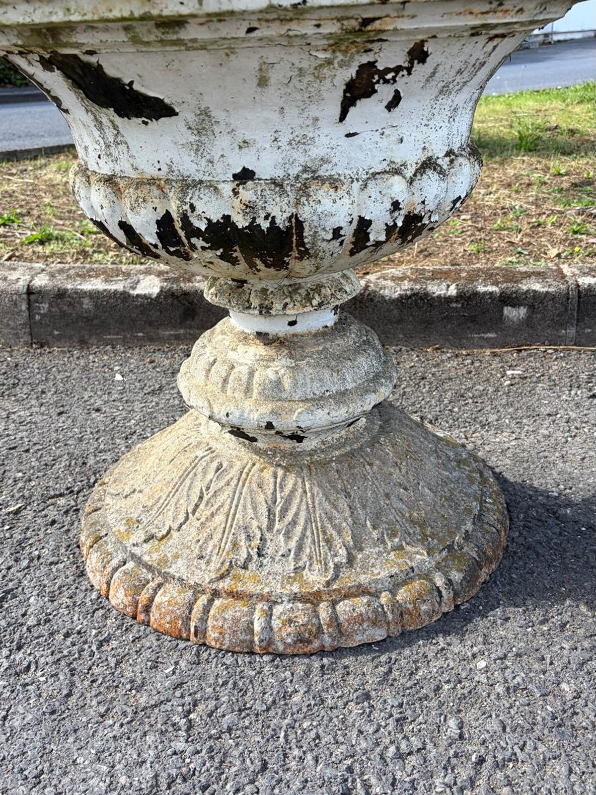 Antique Cast Iron Urns on Belgian Bluestone Bases | Pair