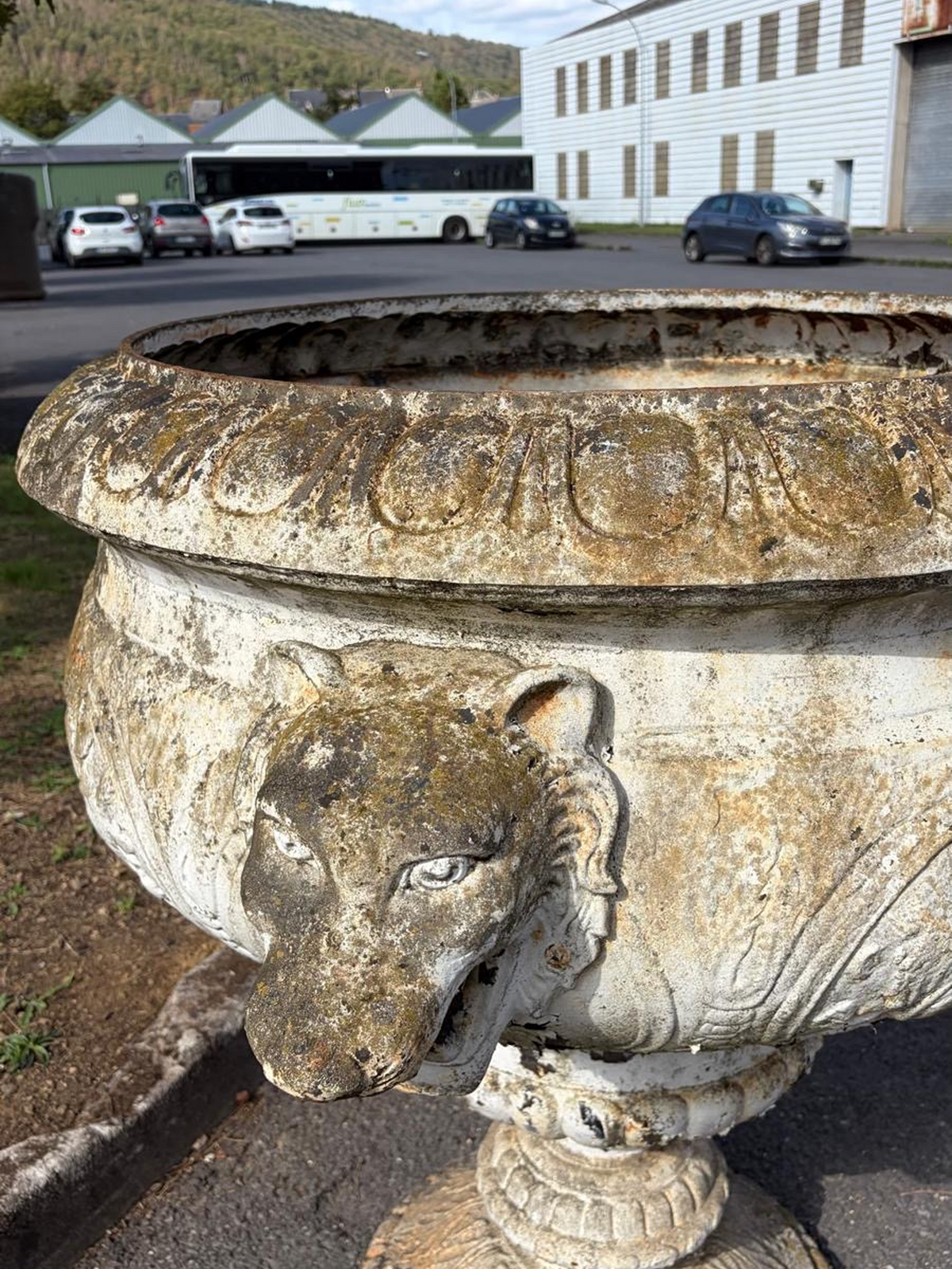 Antique Cast Iron Urns on Belgian Bluestone Bases | Pair