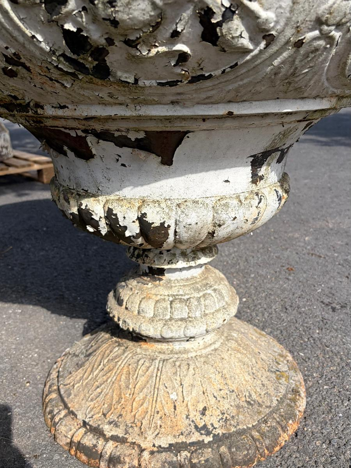 Antique Cast Iron Urns on Belgian Bluestone Bases | Pair